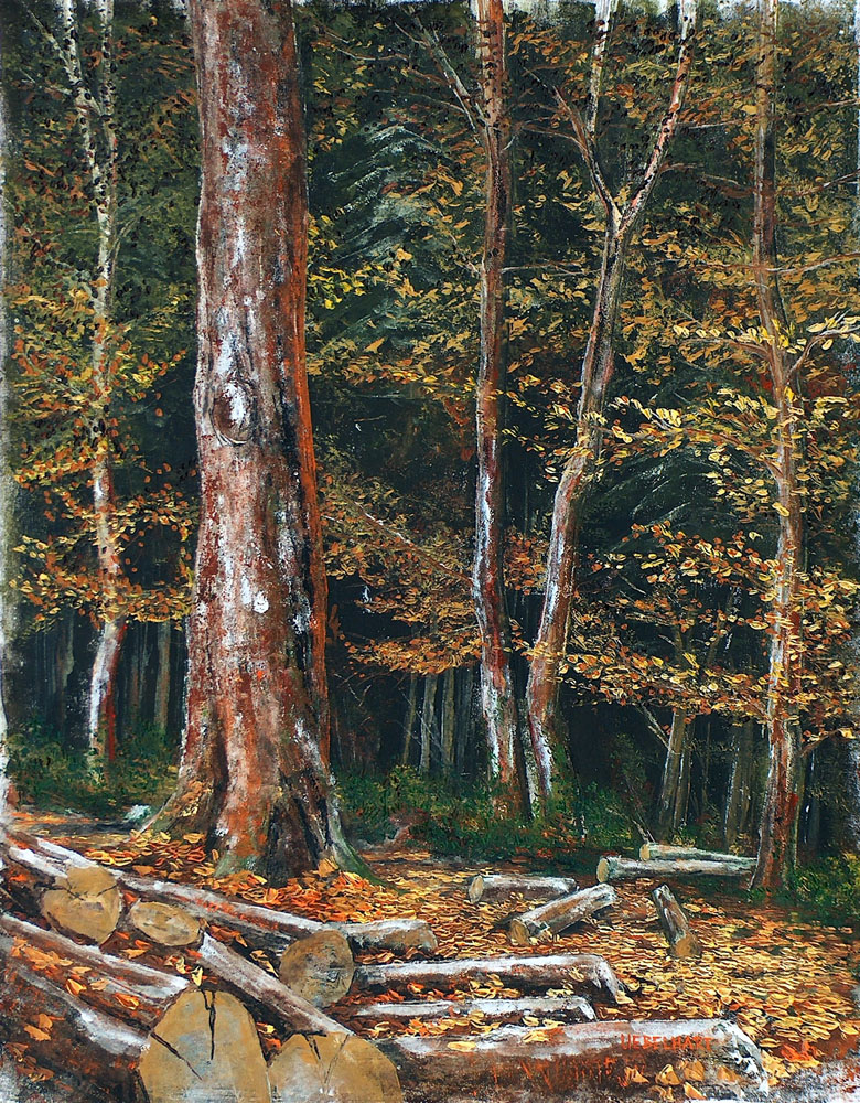 5067 | Gemälde | Landschaft | Natur | Dämmerung im Wald | Atelier Uebelhart Markus | Herbst | Gefällte Bäume