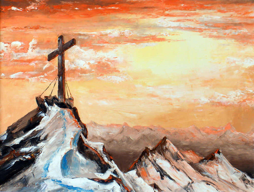5003 | Gemälde | Landschaft | Natur | Das Kreuz auf dem Gipfel | Atelier Markus Uebelhart | Gipfelkreuz | Sonnenuntergang