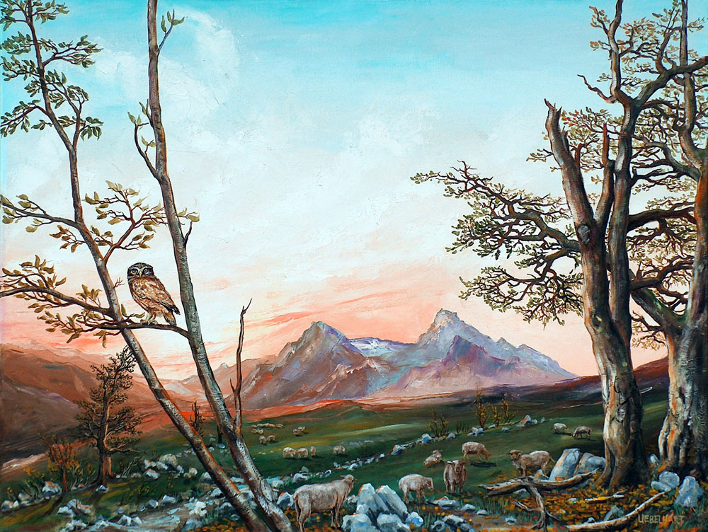 5069 | Gemälde | Landschaft | Natur | Abenddämmerung | Atelier Markus Uebelhart | Berge | Sonnenuntergang | Schafe