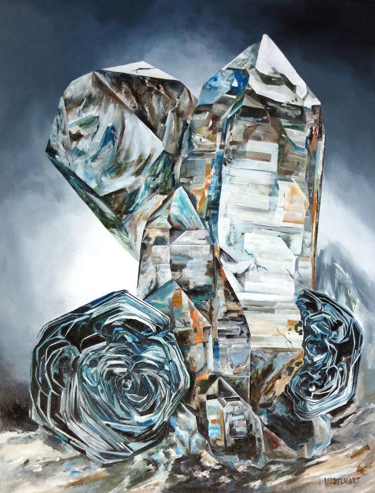 6176 | Gemälde | Kristalle | Eisenrosen auf Quarz | Atelier Markus Uebelhart | Kristallmaler | Iron roses | Crystal painter | roses de fer | peintre de cristal