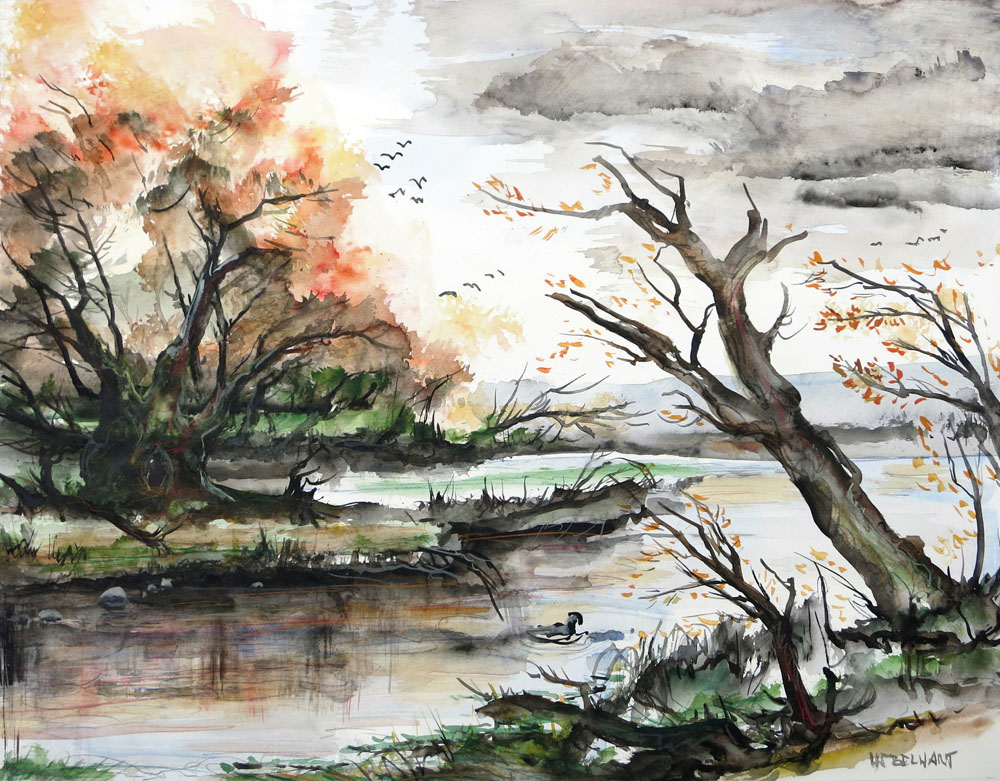 8035 | Gemälde | Aquarell | Abend am See | Atelier Markus Uebelhart | Gewässer | Uferpartie