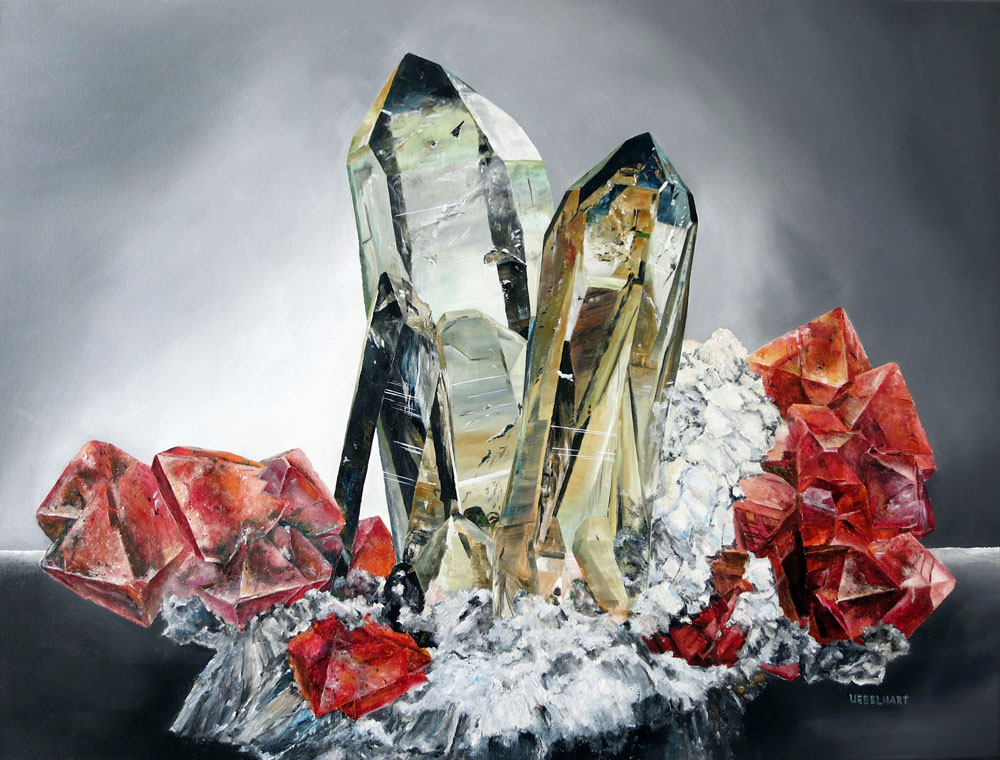 6320|Gemälde|Kristalle|Rosafluorit|Rauchquarz|Atelier|Markus|Uebelhart|Kristallmaler|Crystal|painter|Smoky|quartz